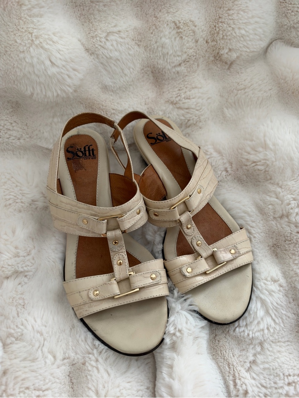 Söfft Ivory Croc Embossed Leather Gold Hardware Heel Sandals